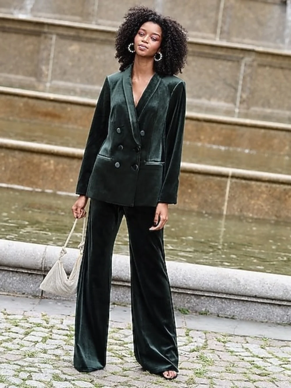 SET- Women's Dark Green Velvet Double-Breasted Blazer + Wide Leg Pants